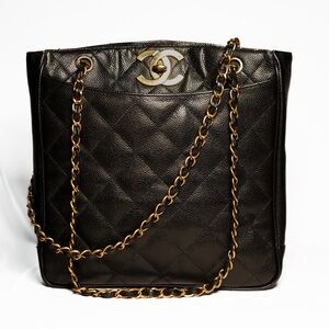 Chanel Chain Tote Bag Leather Vintage Gold Black